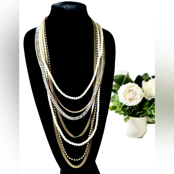 Chico's Jewelry - CHICO’s Lux Brass, Pearl & Channel-set Crystal Layered Statement Necklace NWT